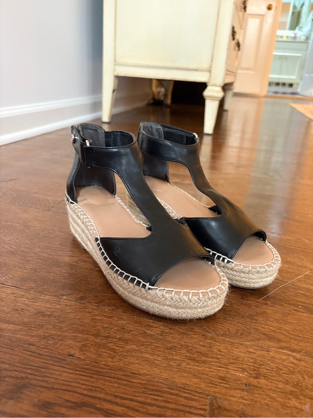 Black Leather T-Strap Espadrille Wedge Sandals